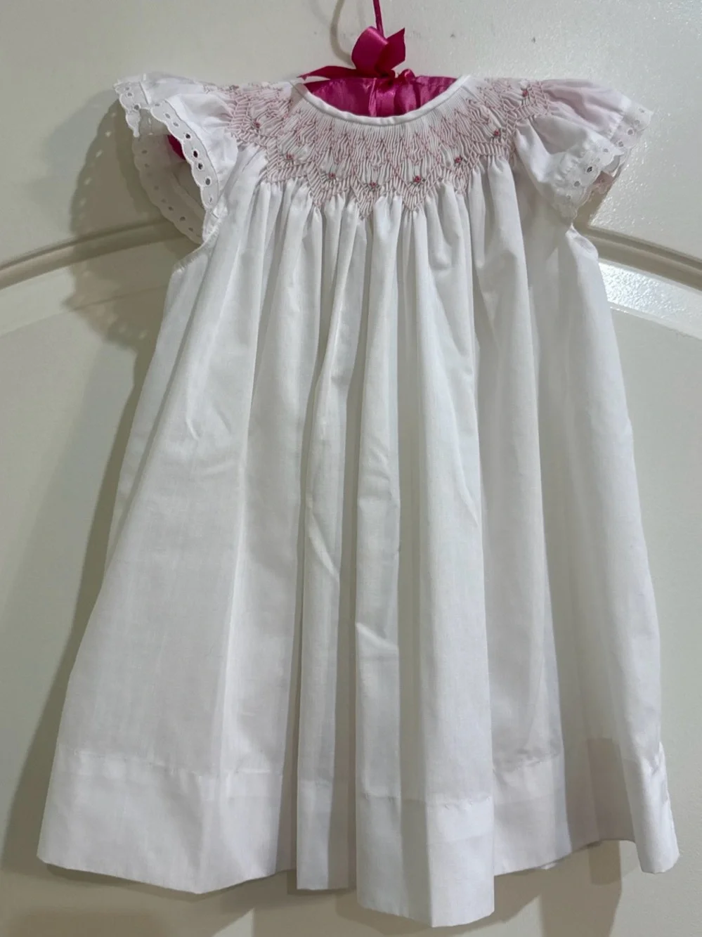 Vintage Handmade Baby Girls White Pink Smocked Embroidered Lace Flutter Dress